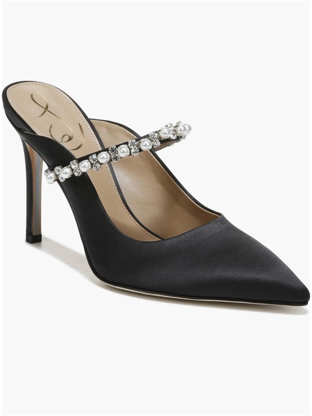 Sam Edelman Hyland Black Satin Pointed-Toe Mule with Jeweled Strap Sz 8.5